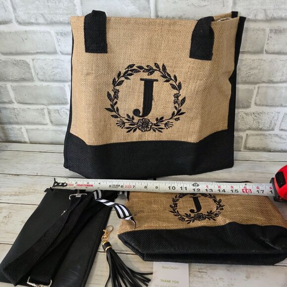 BeeGreen Jute Tote Set Monogram Initial "J" NEW Zipper Bags Keychain - Picture 3 of 4